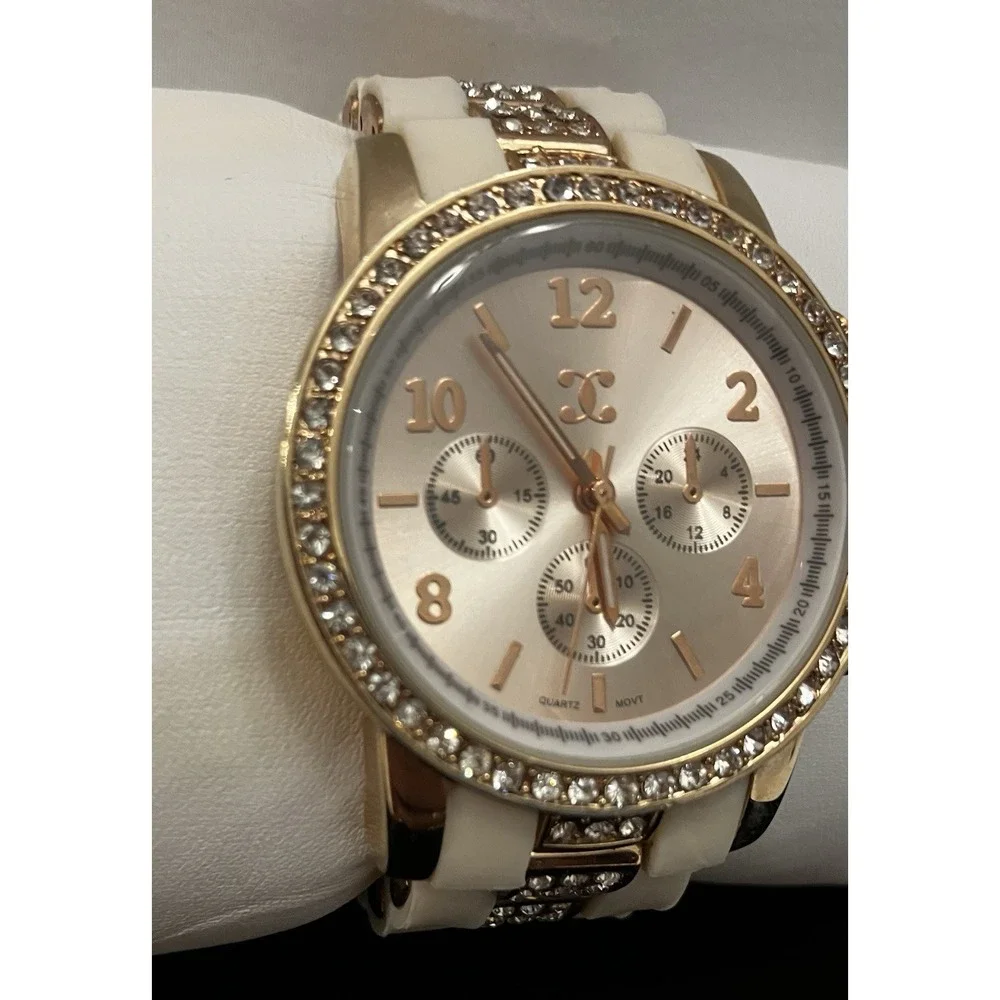 Charming Charlie Womens Rhinestone Rose Gold White Acrylic Band Watch Works